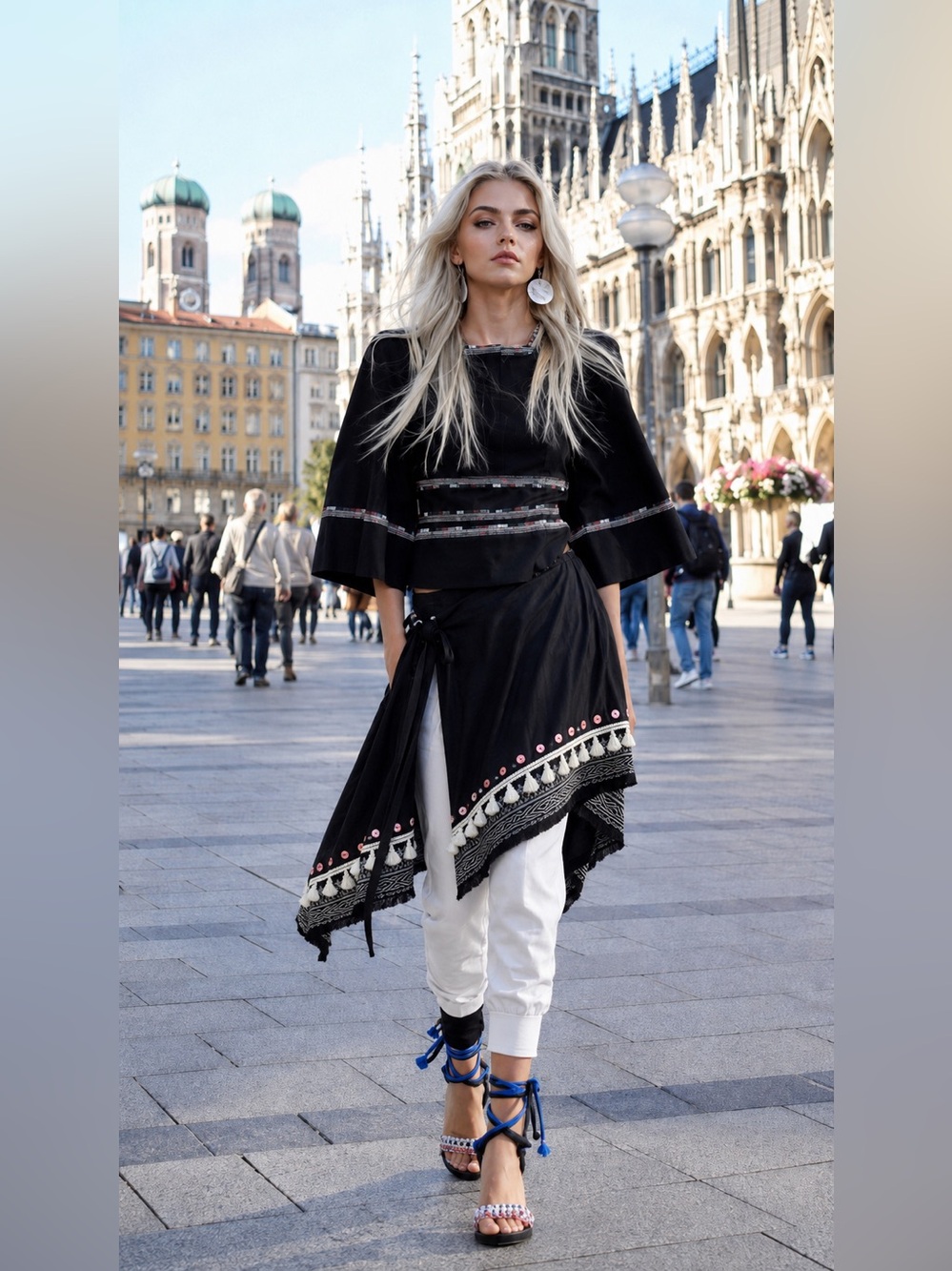 Hand Crafted Black Asymmetrical Skirt with Geometric Trim